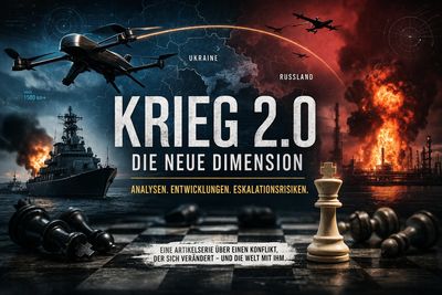 Krieg 2.0 poster with chess pieces, warships, drones, and explosions symbolizing modern conflict.