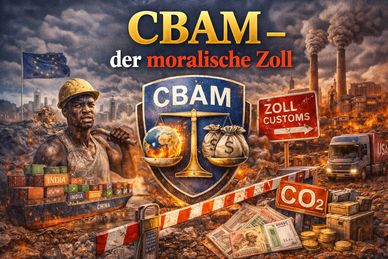 Illustration highlighting CBAM as a moral tax amidst industrial pollution and global trade.