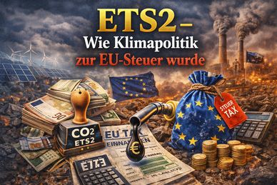 Illustration depicting ETS2 and climate policy turning into an EU tax with industrial pollution and money symbols.
