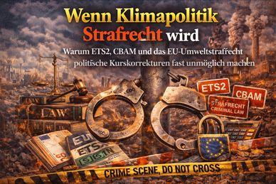 Illustration linking climate policy with criminal law, featuring handcuffs and legal symbols.