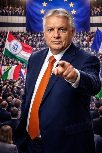 A confident man in a suit points forward with EU flag and crowd behind him.