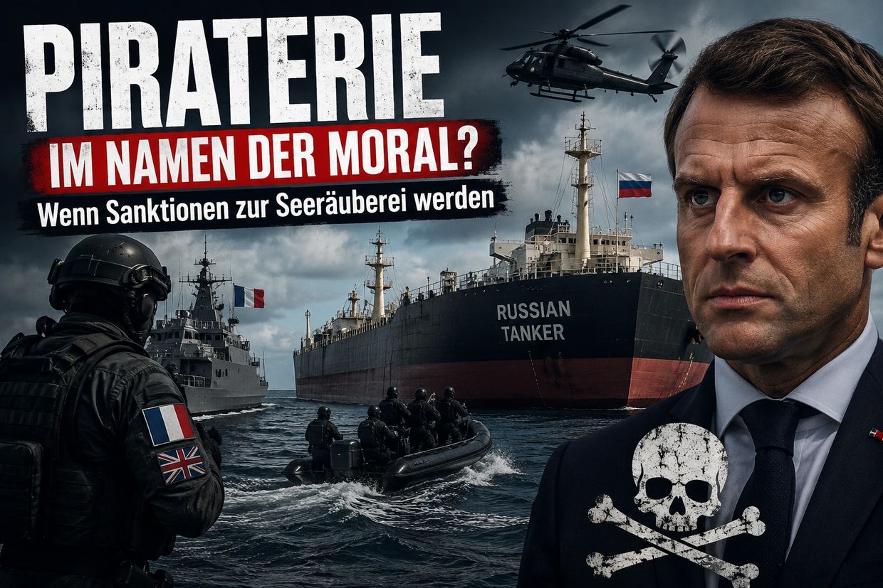German text questions morality of sanctions, showing military, a tanker, and a serious man.
