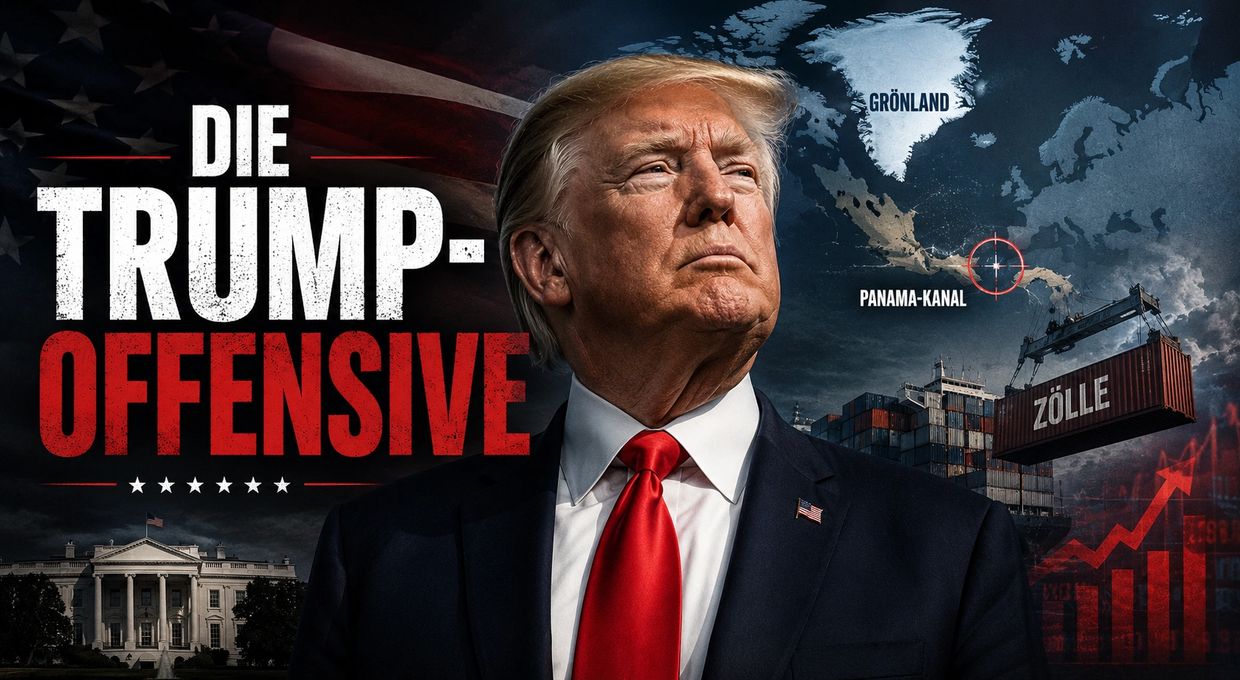 Portrait of Donald Trump with trade and geopolitical symbols in the background.