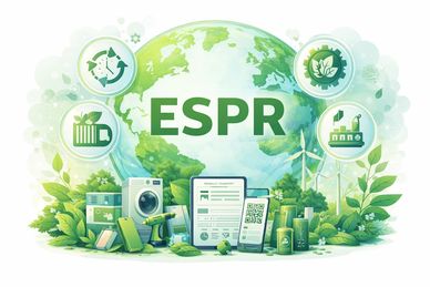 Illustration of ESPR promoting sustainability with green technology and recycling icons.