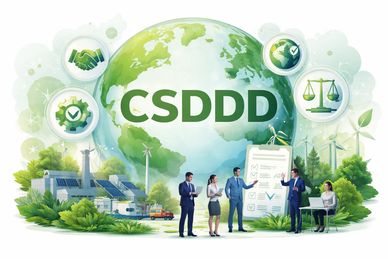 Illustration of sustainable development with CSDDD and green energy icons.