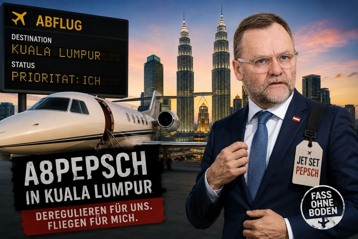 A man in a suit stands near a private jet with Kuala Lumpur skyline at sunset.