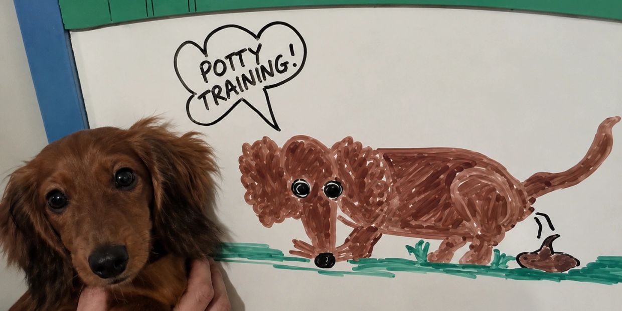 A brown dachshund puppy with a potty training whiteboard drawing. dachshund, mini dachshund, weenie