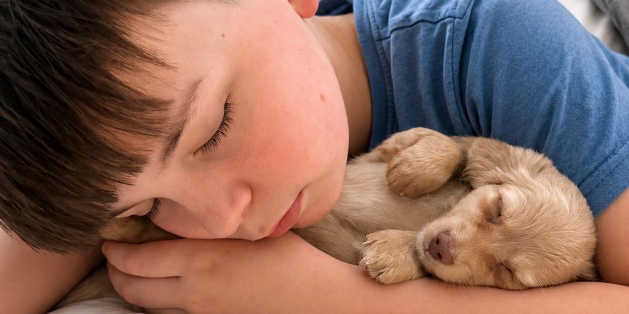 Young boy peacefully sleeping while hugging a golden puppy. dachshund, mini dachshund, weenie dog, s