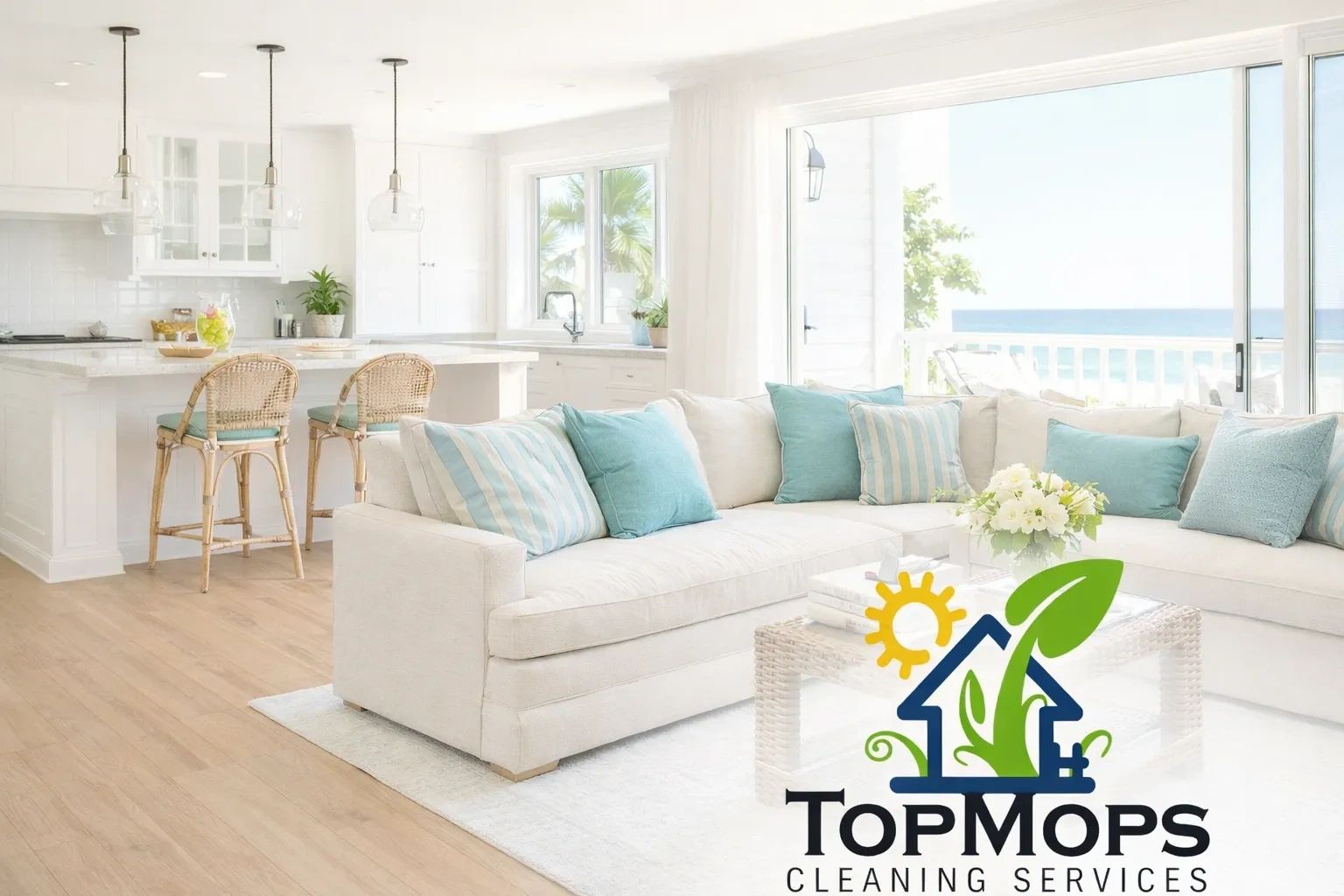 Clean, sunlit coastal living room and kitchen with ocean views in a Kure Beach NC.