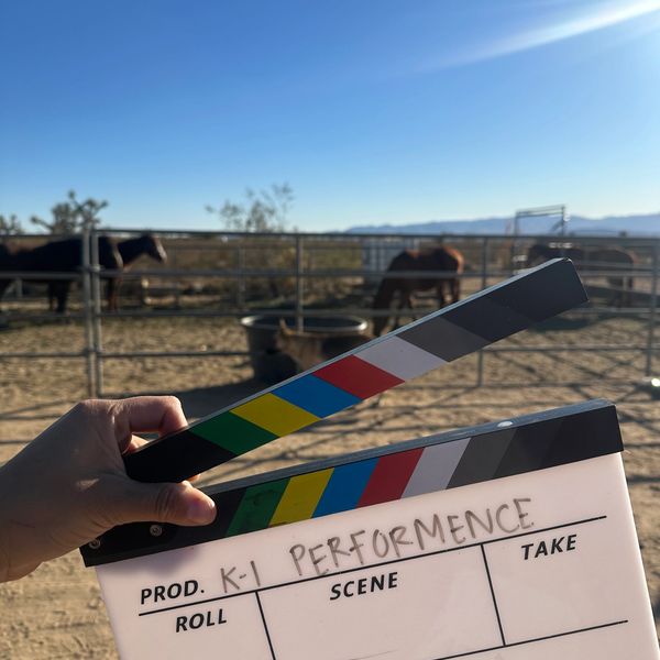 Film clapperboard held outdoors with horses in the background under a clear blue sky.