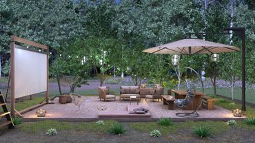 Cozy outdoor lounge with seating, a hammock, and projector screen surrounded by trees and lights.