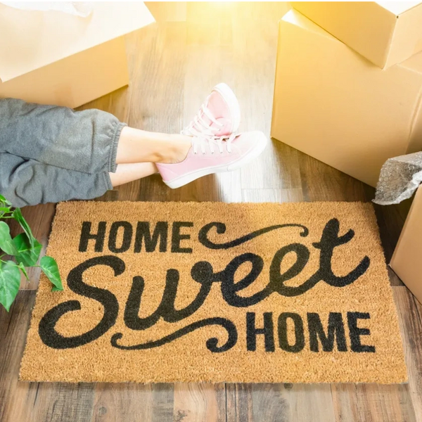 Home sweet home mat in a happy clear home