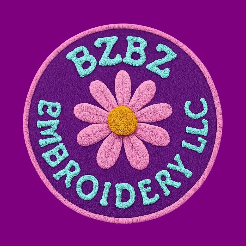 Colorful embroidered patch with a pink flower and text 'BZBZ Embroidery LLC'.