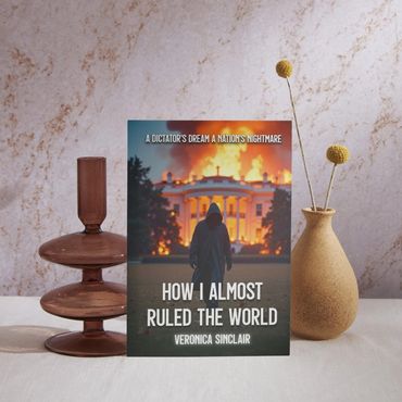 Book stand upright between vases on marble surface, cover of 'How I Almost Ruled the World' visible.