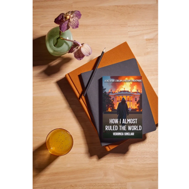 Paperback of 'How I Almost Ruled the World' on journals with pencil, drink, & orchid on wood table.