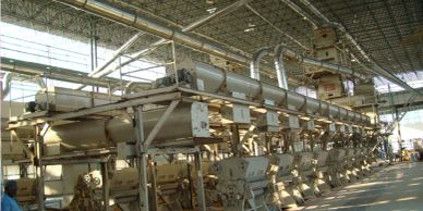 Industrial machinery setup inside a spacious factory building.