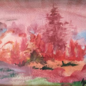 Abstract watercolor landscape with red and pink hues.