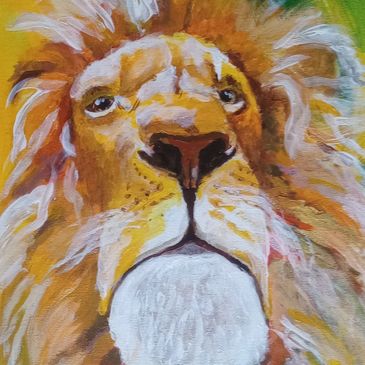 Close-up painting of a lion's face with expressive eyes and flowing mane.