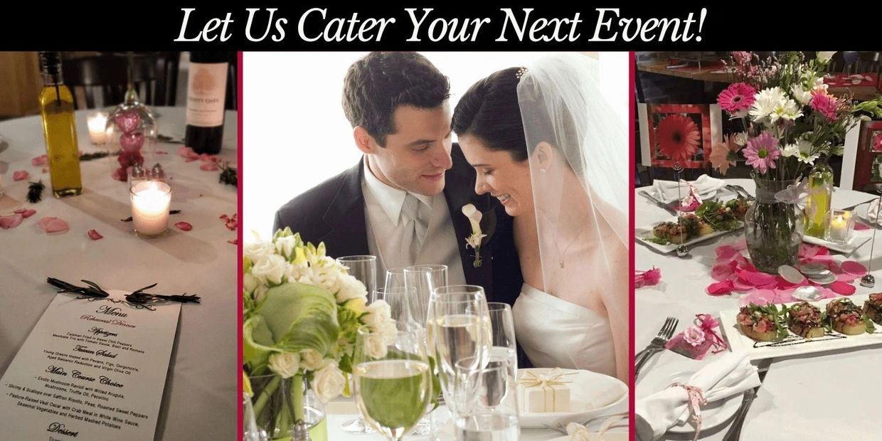 Let us cater your next event. Image of Bride and Groom and Table Settings.