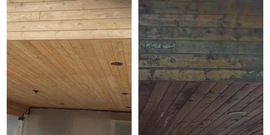 Look at the difference of how the pine carport looks after we removed the de-laminated stain.