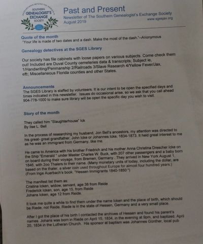 A printed page from the SGES newsletter