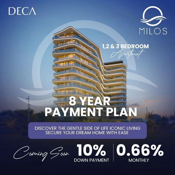 Modern apartment building offering 1, 2, and 3 bedroom units with an 8-year payment plan.