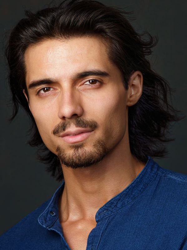 Portrait of a young man with medium-length dark hair and a subtle beard, wearing a blue shirt.