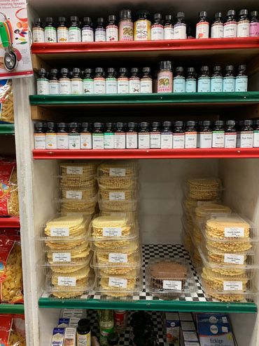 Shelves of Flavoring for Baking and Pizzelle Cookies
