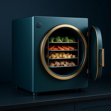 Modern freeze-dry machine with trays of wholesome food from Freeze Dry Lab.”