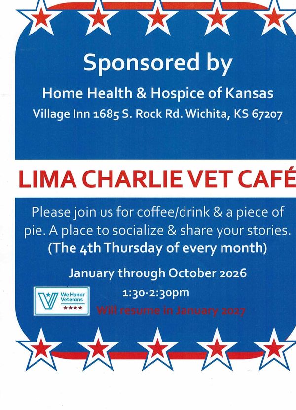 Lima Charlie Vet Café invites veterans for coffee, pie, and socializing monthly from January to October 2026.