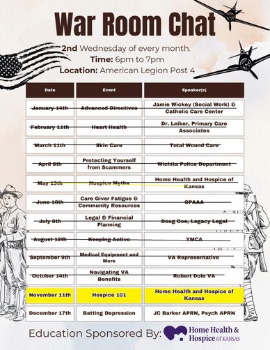 War Room Chat schedule with events and speakers for each month.