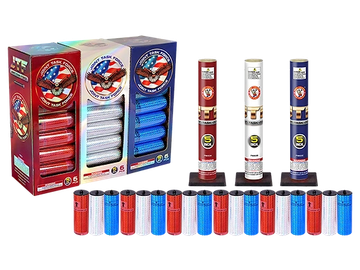 Patriotic-themed fireworks with red, white, and blue colors.