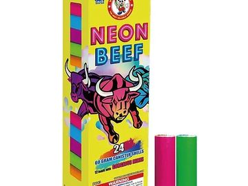 Box of Neon Beef fireworks with colorful canisters.