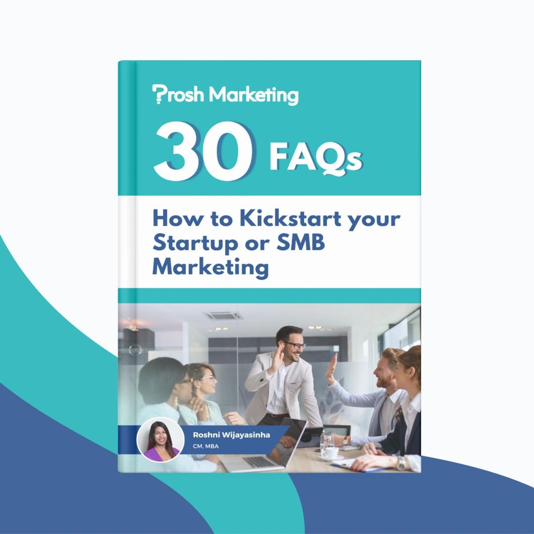 Free resource ebook mockup, FAQs on how to kickstart marketing for startups and small businesses.