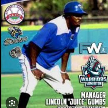 Baseball manager Lincoln 'Juice' Gumbs on the field with team logos.