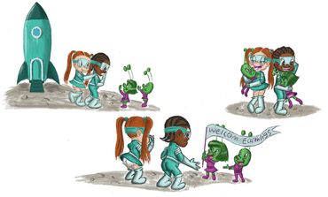 Children astronauts meet friendly green aliens on the moon and share hugs.