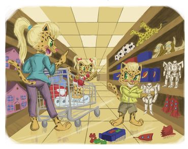 Anthropomorphic cheetah family shopping in toy aisle, with mother, child in cart, and another child choosing toys.