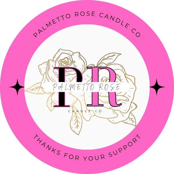 Palmetto Rose Candle Co logo with pink border and floral design.