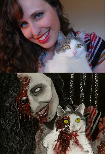 Custom pet portrait of a cat, transformed from photo into hand-drawn horror art by Rob Sacchetto.