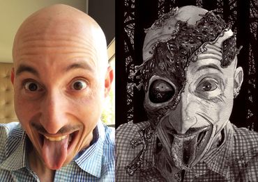 Side-by-side transformation of a man into a detailed custom zombie portrait by Rob Sacchetto.