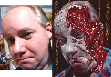 Side-by-side transformation of a man  into a detailed custom zombie portrait by artist Rob Sacchetto