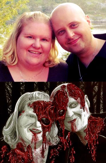 Couple portrait by Rob Sacchetto, showing a hand-drawn undead transformation from a real photo.