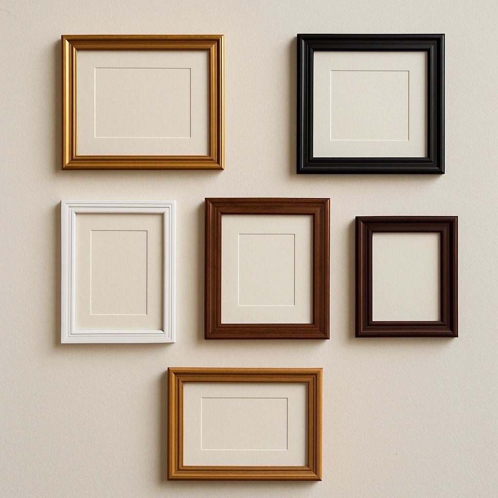 Six empty picture frames of various colors and orientations on a beige wall.