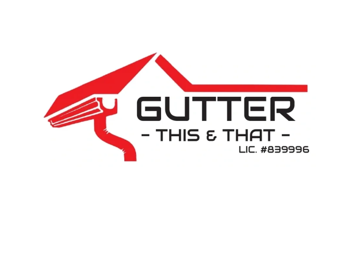 Logo for Gutter This & That with a red gutter and roof design.