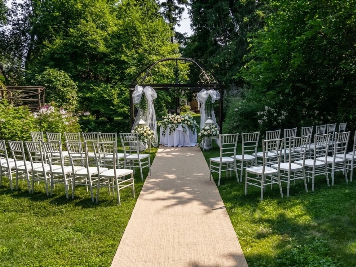 Outdoor wedding setup with white chairs and floral decorations.