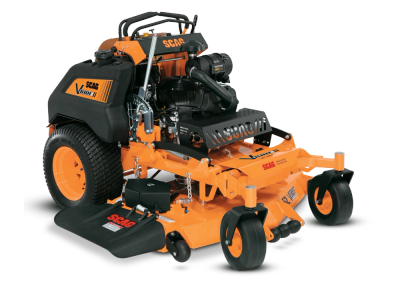 Orange and black zero-turn lawn mower.