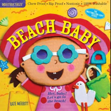 Colorful children's book cover with cheerful baby at the beach.