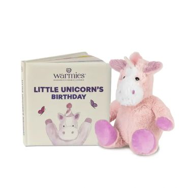 Plush unicorn toy with storybook titled Little Unicorn's Birthday.