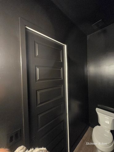 Dimly lit bathroom with dark walls and a white toilet.