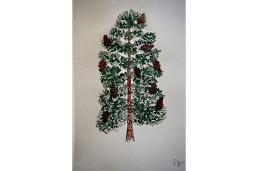 Painting of a growing pine-tree in my green backyard